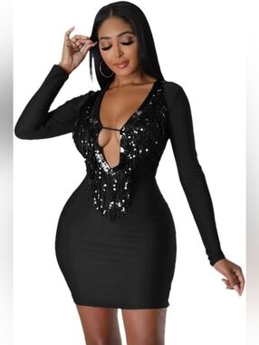 Black Sequin Fringe Deep V Long-Sleeve Bodycon Dress